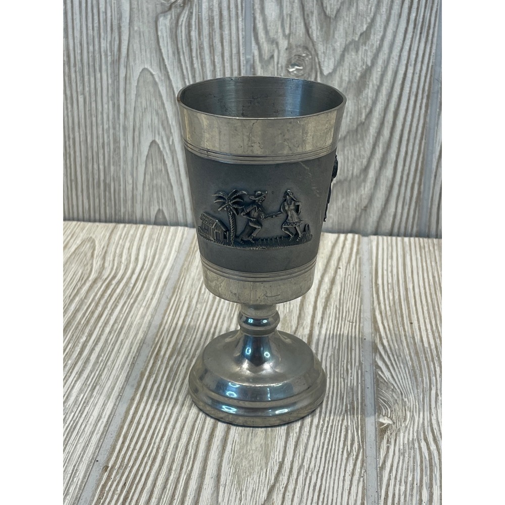 Vintage Mexican Pewter Goblet Relief Scenes Musicians Dancers Folk Art 5 Inch